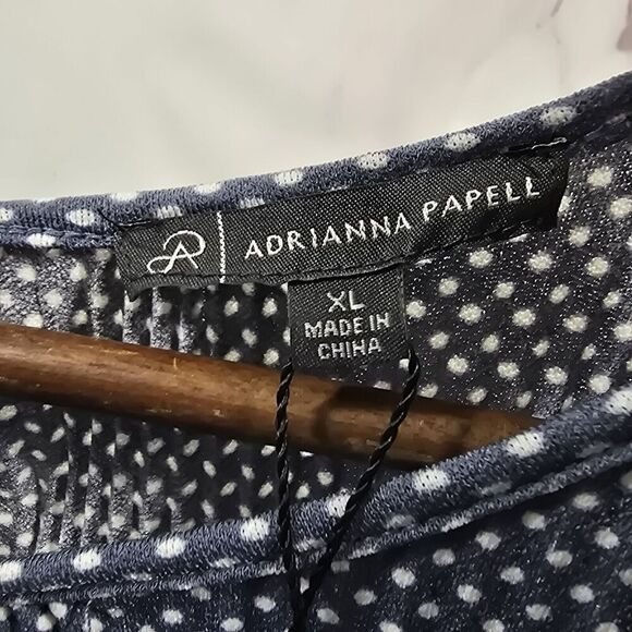 Adrianna Papell Shirt Womens XL Navy White Spot Dot Blouse Double Sleeve Ruffle - Picture 3 of 10